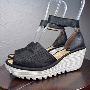 Fly London Yake Women's Size 38 (US sz 7) Perforated Leather Wedge Sandals Black